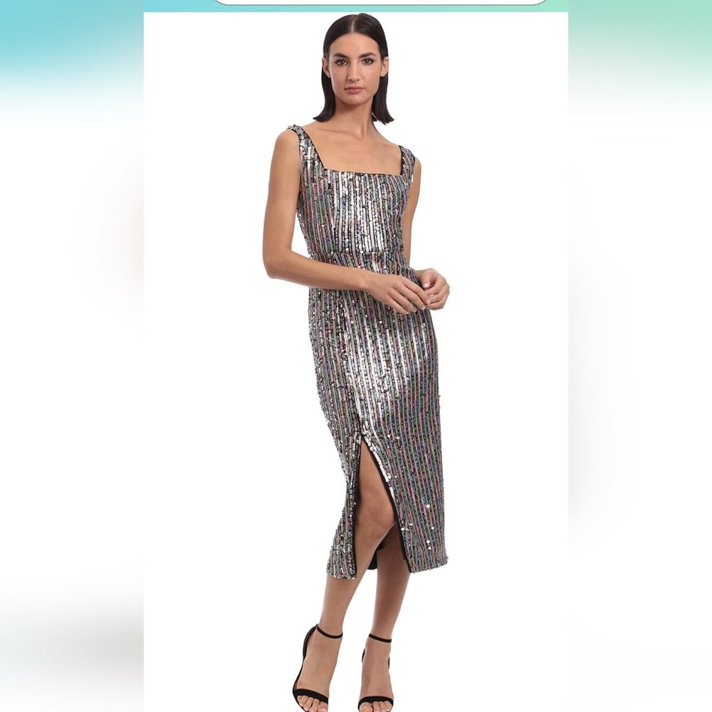 Donna Morgan Women's Squate Neck Sequin Midi Metallic Dress Size 6 NWT